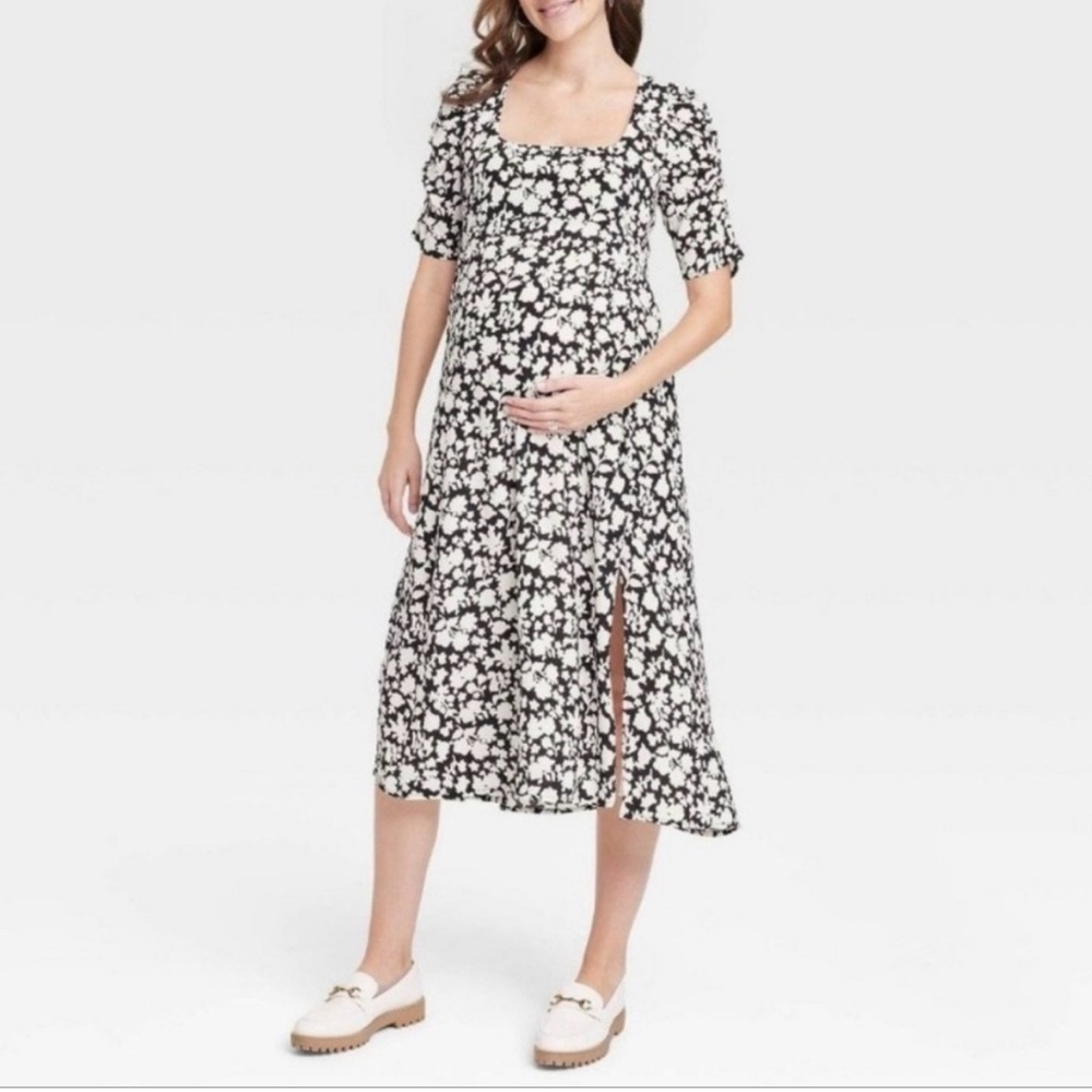 Hatch Black & White Floral Maternity Midi Dress with Side Slit
